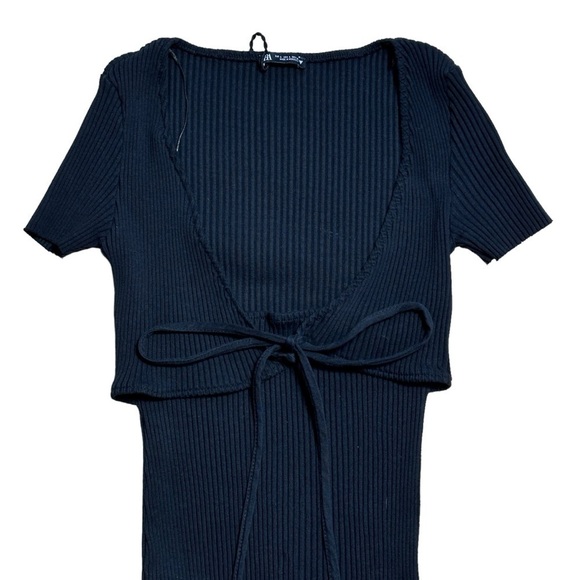 Zara Black Ribbed Knit Short Sleeve Midi Dress Women’s US L - Picture 3 of 9
